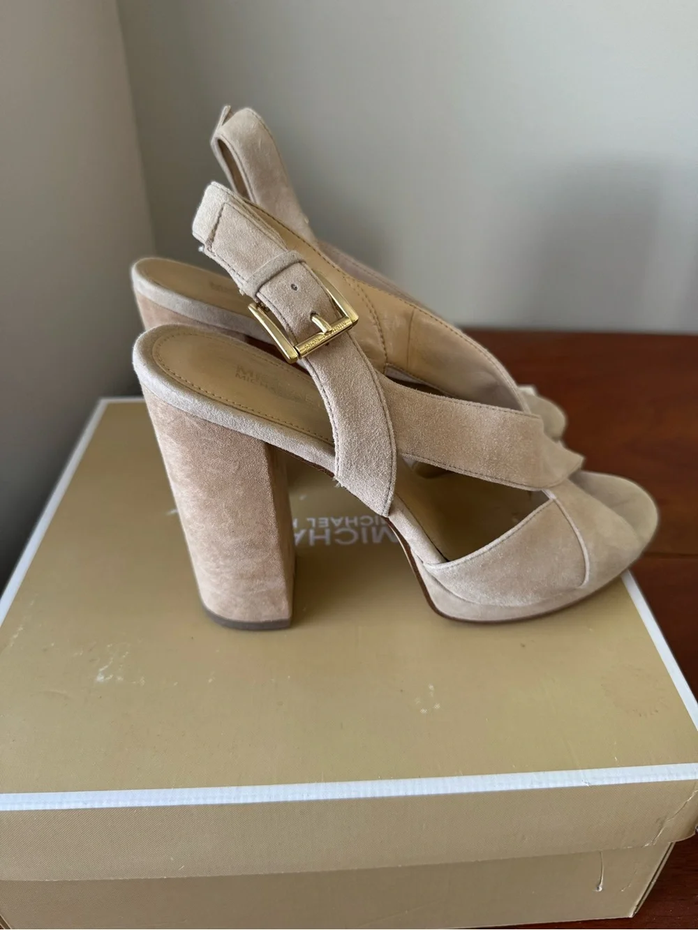 Michael Kors Beige Suede Platform Block Heel Sandals
